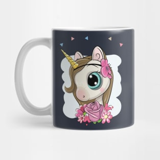 Cute little unicorn girl with big eyes and flowers on blue background Mug